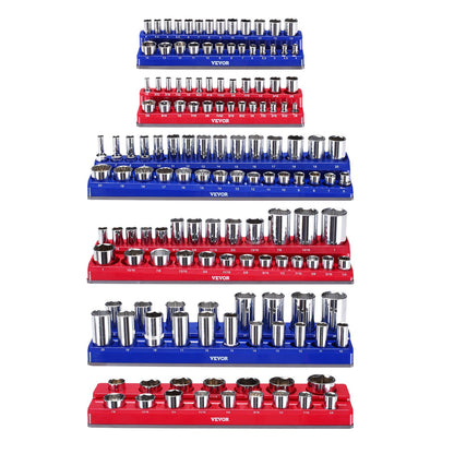 Magnetic Socket Organizer Set, 6PCS Socket Holder, 1/4'', 3/8'' & 1/2'' Metric SAE Socket Trays with Clear Labels, Hold up to 143PCS Standard & Deep Sockets, Blue & Red (Sockets Not Included)