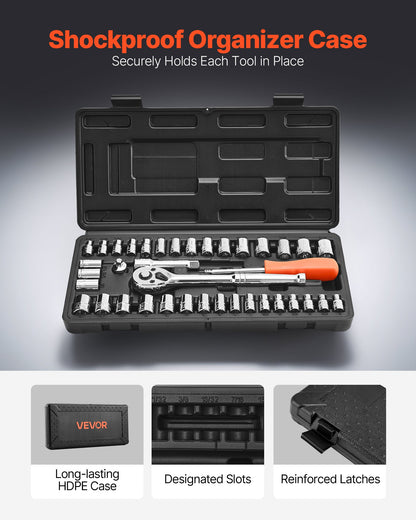 Socket Set, 39 Pieces, 9.5 & 6.4 mm Drive Socket and Ratchet Set, SAE and Metric Size, Mechanic Tool Kit with Ratchet Wrench, Accessories, Storage Case, CR-V Alloy Steel, for Automotive Repair