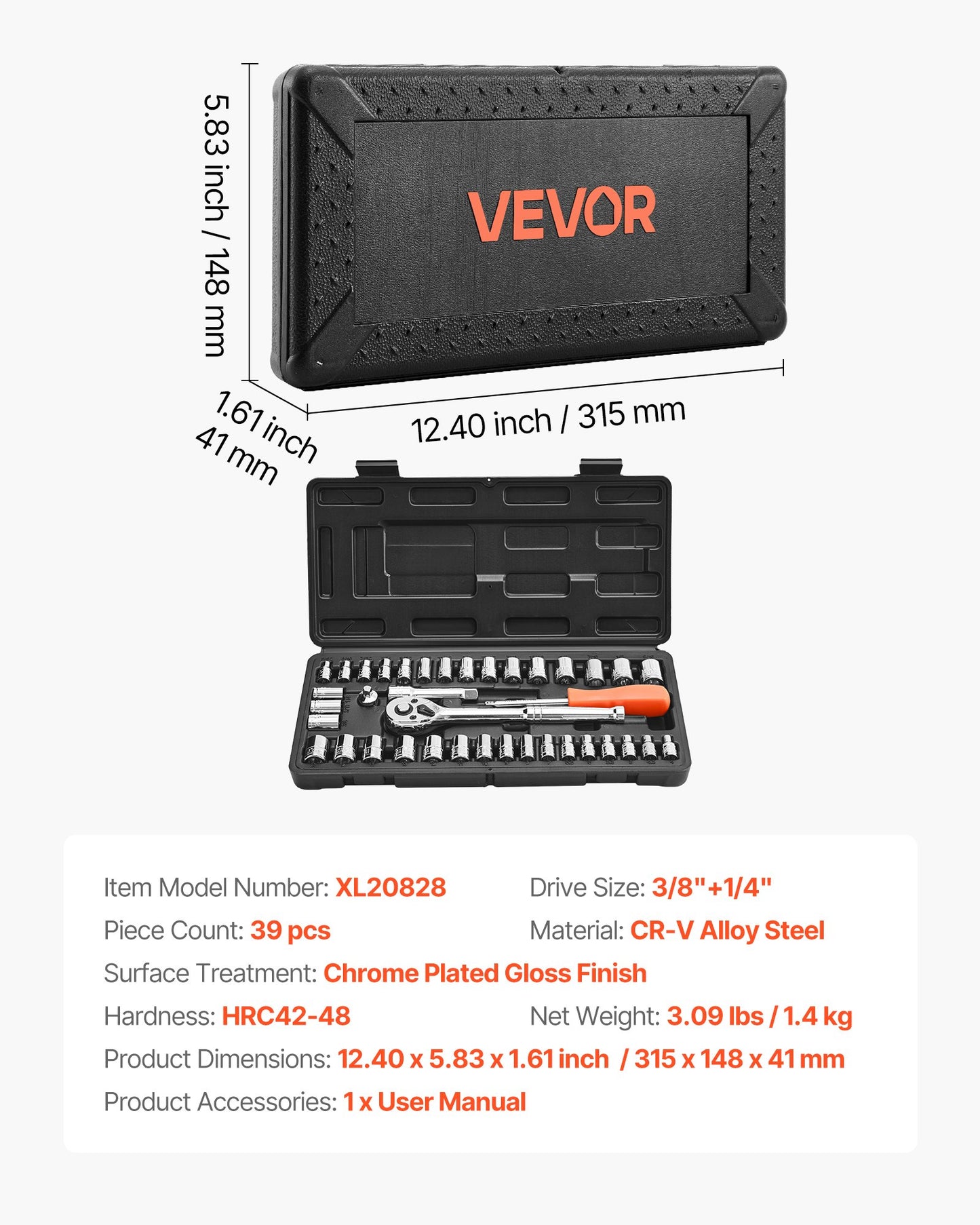 Socket Set, 39 Pieces, 9.5 & 6.4 mm Drive Socket and Ratchet Set, SAE and Metric Size, Mechanic Tool Kit with Ratchet Wrench, Accessories, Storage Case, CR-V Alloy Steel, for Automotive Repair