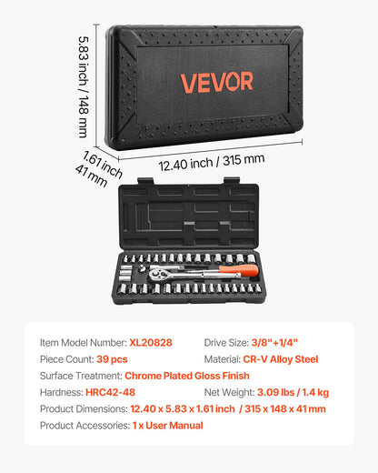 Socket Set, 39 Pieces, 9.5 & 6.4 mm Drive Socket and Ratchet Set, SAE and Metric Size, Mechanic Tool Kit with Ratchet Wrench, Accessories, Storage Case, CR-V Alloy Steel, for Automotive Repair