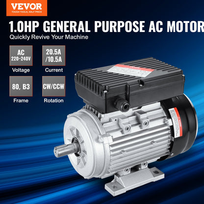 0.75KW Electric Motor 1400 rpm, AC 220~240V 5.45A, 80, B3 Frame, Air Compressor Motor Single Phase, 19mm Keyed Shaft, CW/CCW Rotation for Agricultural Machinery and General Equipment