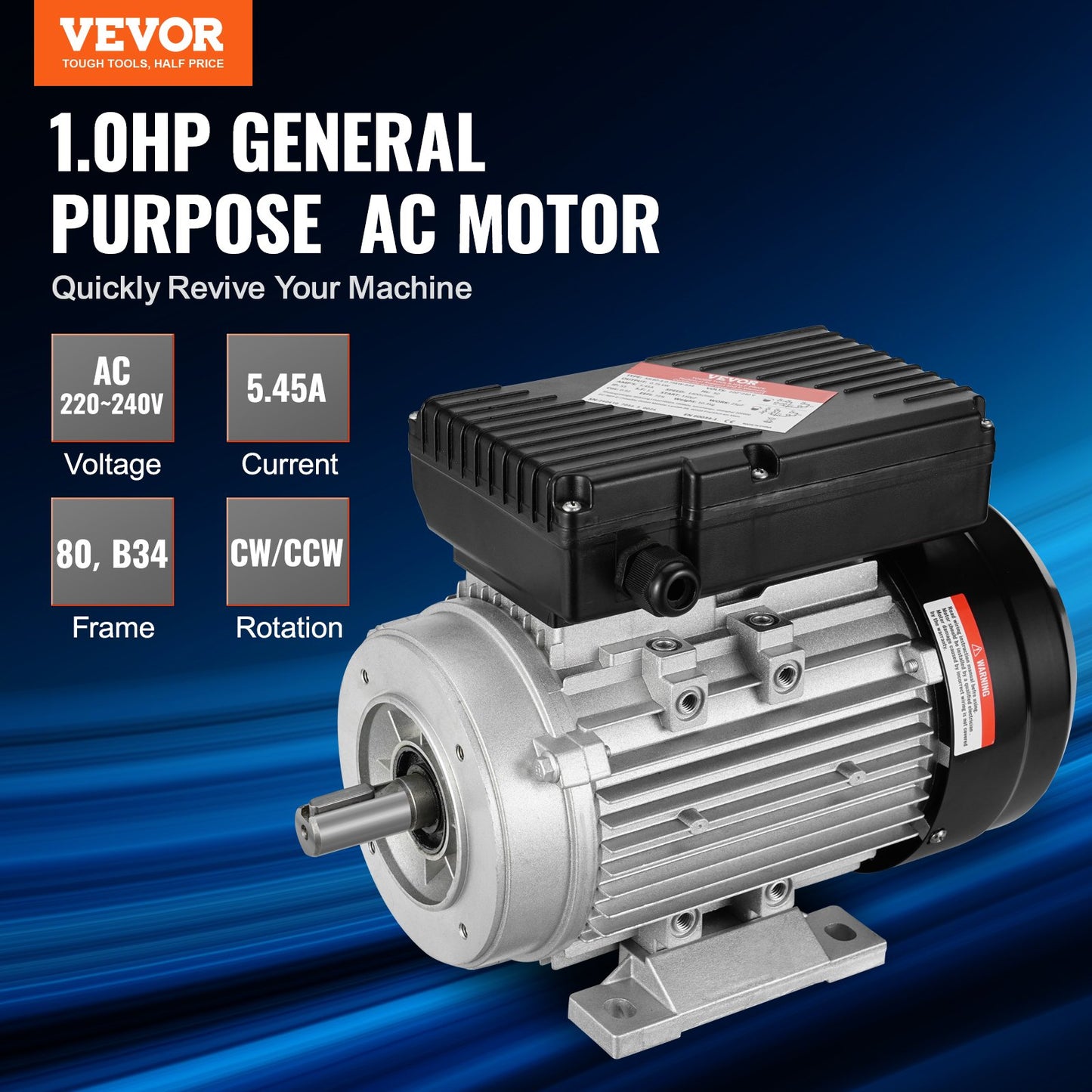0.75KW Electric Motor 1400 rpm, AC 220~240V 5.45A, 80, B34 Frame, Air Compressor Motor Single Phase, 19mm Keyed Shaft, CW/CCW Rotation for Agricultural Machinery and General Equipment