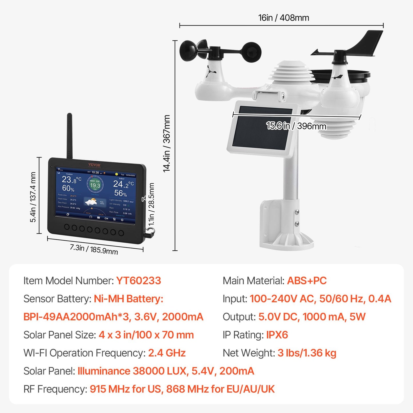 7-in-1 Wi-Fi Weather Station 177.8 mm TFT Display Wireless Outdoor Sensor