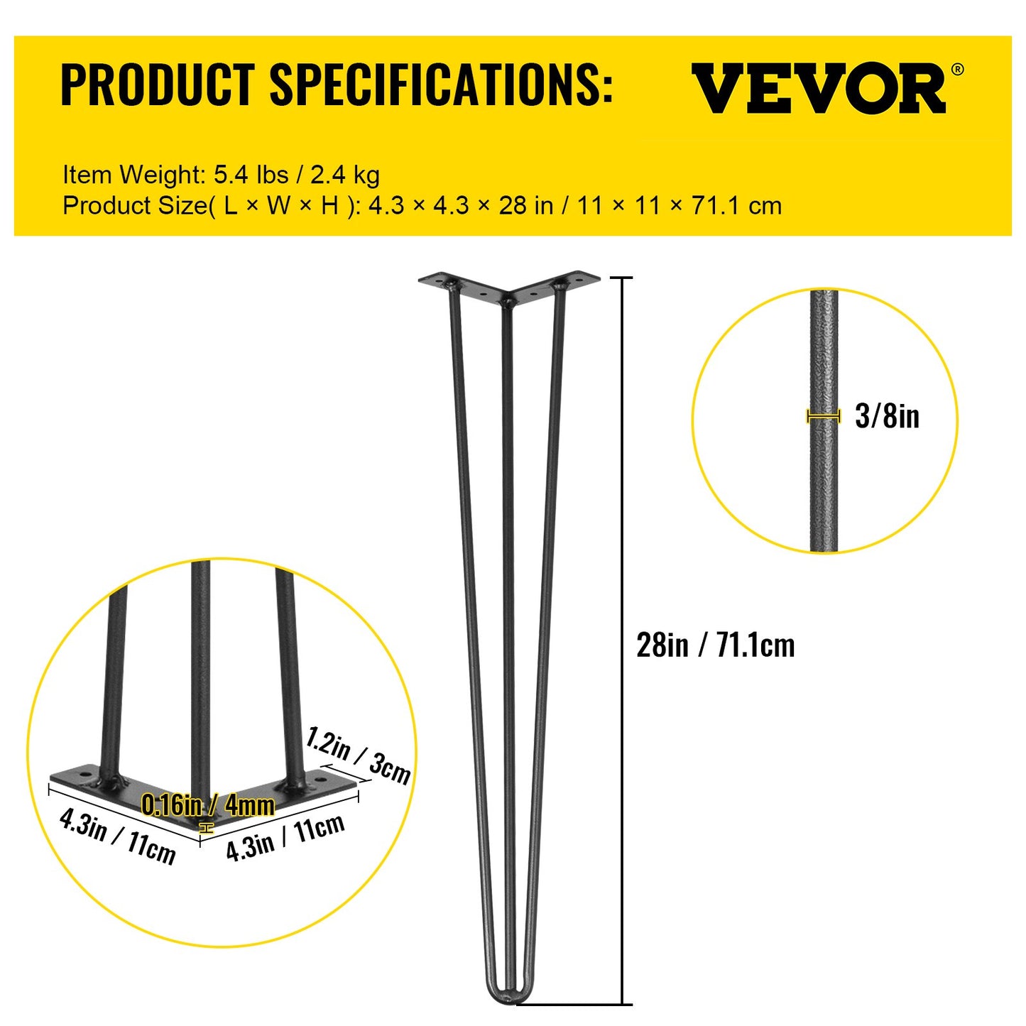 Hairpin Table Legs 28 inch, Set of 4 DIY Desk Table Legs 3 Rods Heavy Duty