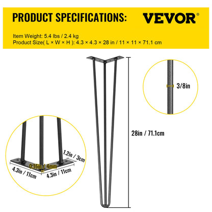 Hairpin Table Legs 28 inch, Set of 4 DIY Desk Table Legs 3 Rods Heavy Duty