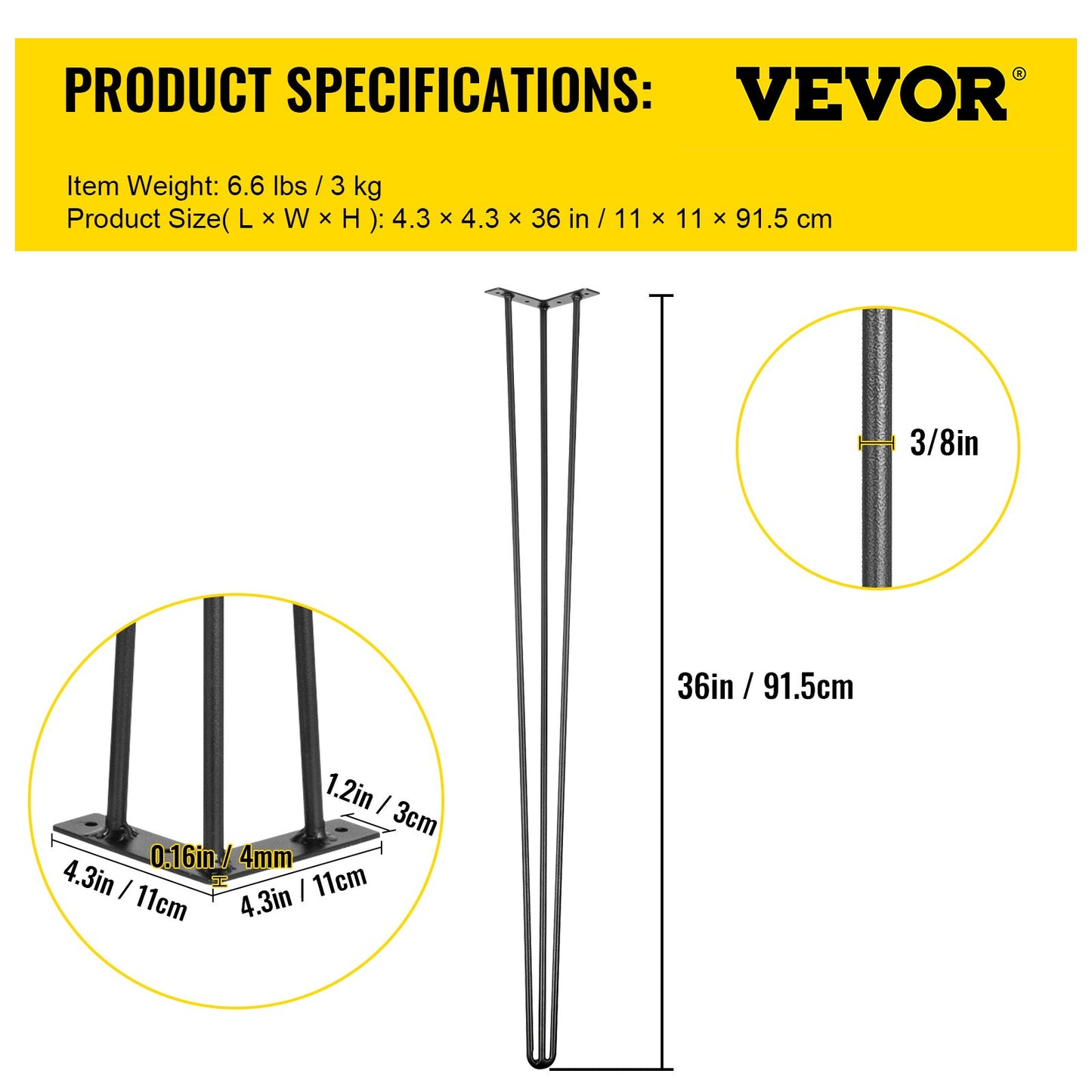 Hairpin Table Legs 36 inch, Set of 4 DIY Desk Table Legs 3 Rods Heavy Duty