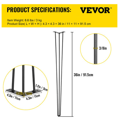 Hairpin Table Legs 36 inch, Set of 4 DIY Desk Table Legs 3 Rods Heavy Duty