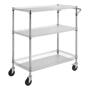 Kitchen Utility Cart, 3 Tiers, Wire Rolling Cart, Steel Service Cart on Wheels, Metal Storage Trolley with 80mm Basket Curved Handle PP Liner 6 Hooks, for Indoor and Outdoor
