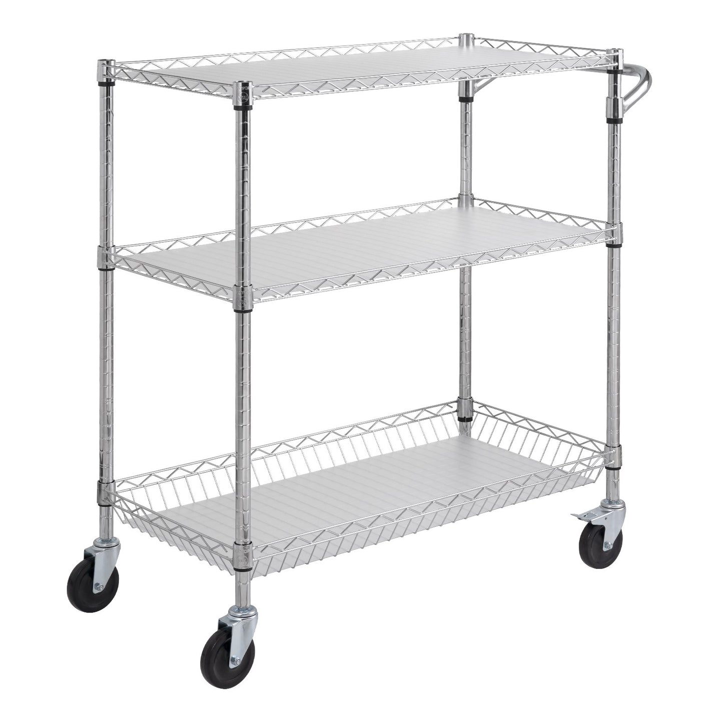 Kitchen Utility Cart, 3 Tiers, Wire Rolling Cart, Steel Service Cart on Wheels, Metal Storage Trolley with 80mm Basket Curved Handle PP Liner 6 Hooks, for Indoor and Outdoor