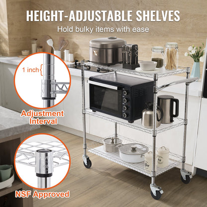 Kitchen Utility Cart, 3 Tiers, Wire Rolling Cart, Steel Service Cart on Wheels, Metal Storage Trolley with 80mm Basket Curved Handle PP Liner 6 Hooks, for Indoor and Outdoor