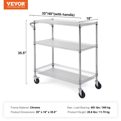 Kitchen Utility Cart, 3 Tiers, Wire Rolling Cart, Steel Service Cart on Wheels, Metal Storage Trolley with 80mm Basket Curved Handle PP Liner 6 Hooks, for Indoor and Outdoor