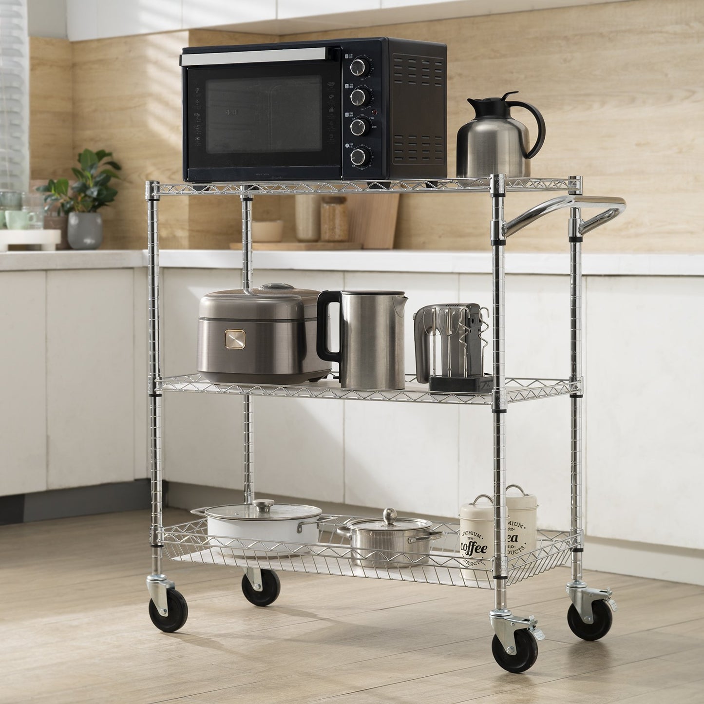 Kitchen Utility Cart, 3 Tiers, Wire Rolling Cart, Steel Service Cart on Wheels, Metal Storage Trolley with 80mm Basket Curved Handle PP Liner 6 Hooks, for Indoor and Outdoor