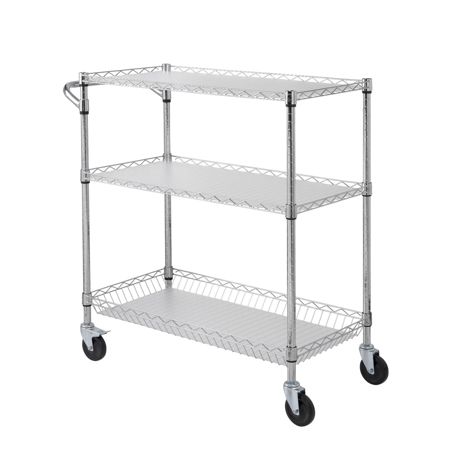 Kitchen Utility Cart, 3 Tiers, Wire Rolling Cart, Steel Service Cart on Wheels, Metal Storage Trolley with 80mm Basket Curved Handle PP Liner 6 Hooks, for Indoor and Outdoor