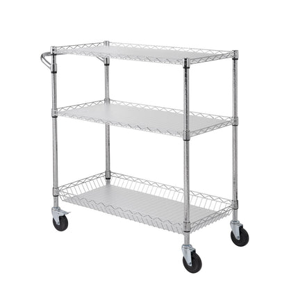 Kitchen Utility Cart, 3 Tiers, Wire Rolling Cart, Steel Service Cart on Wheels, Metal Storage Trolley with 80mm Basket Curved Handle PP Liner 6 Hooks, for Indoor and Outdoor