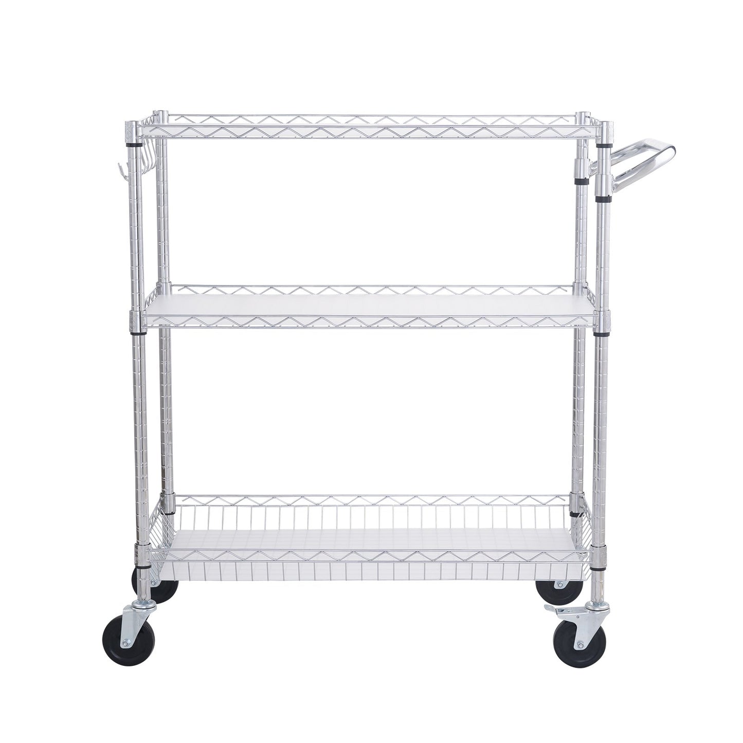 Kitchen Utility Cart, 3 Tiers, Wire Rolling Cart, Steel Service Cart on Wheels, Metal Storage Trolley with 80mm Basket Curved Handle PP Liner 6 Hooks, for Indoor and Outdoor