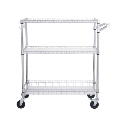 Kitchen Utility Cart, 3 Tiers, Wire Rolling Cart, Steel Service Cart on Wheels, Metal Storage Trolley with 80mm Basket Curved Handle PP Liner 6 Hooks, for Indoor and Outdoor