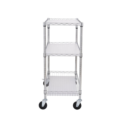 Kitchen Utility Cart, 3 Tiers, Wire Rolling Cart, Steel Service Cart on Wheels, Metal Storage Trolley with 80mm Basket Curved Handle PP Liner 6 Hooks, for Indoor and Outdoor