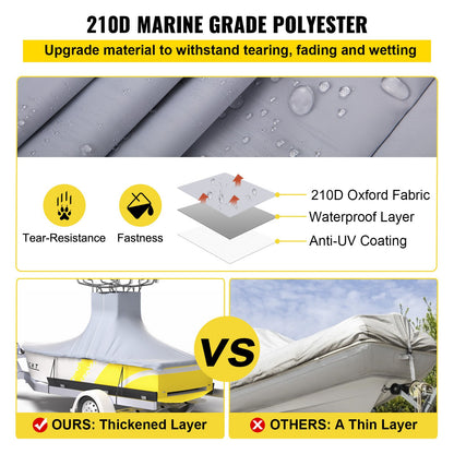 VEVOR T-Top Boat Cover, Fit for 22\'-24\' Boat, Heavy Duty 600D Marine Grade Oxford Hard Top Cover, UV Resistant Waterproof Center Console Boat Cover with 2 Support Poles and 7 Wind-Proof Straps, Gray