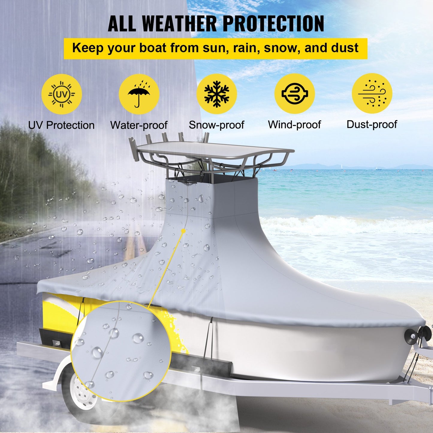 VEVOR T-Top Boat Cover, Fit for 22\'-24\' Boat, Heavy Duty 600D Marine Grade Oxford Hard Top Cover, UV Resistant Waterproof Center Console Boat Cover with 2 Support Poles and 7 Wind-Proof Straps, Gray