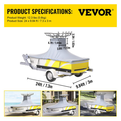 VEVOR T-Top Boat Cover, Fit for 22\'-24\' Boat, Heavy Duty 600D Marine Grade Oxford Hard Top Cover, UV Resistant Waterproof Center Console Boat Cover with 2 Support Poles and 7 Wind-Proof Straps, Gray