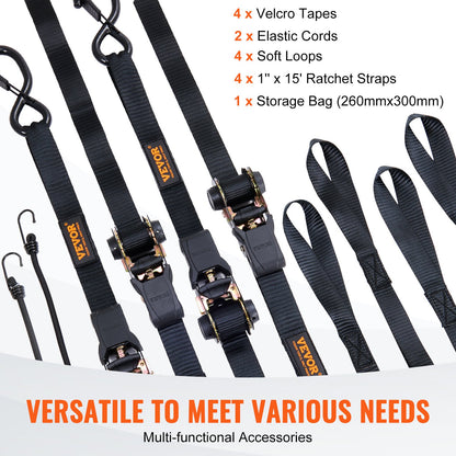 4 Pack Ratchet Tie Down Straps 2200 lbs 1"x15' Heavy Duty for Cargo