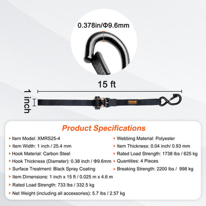 4 Pack Ratchet Tie Down Straps 2200 lbs 1"x15' Heavy Duty for Cargo