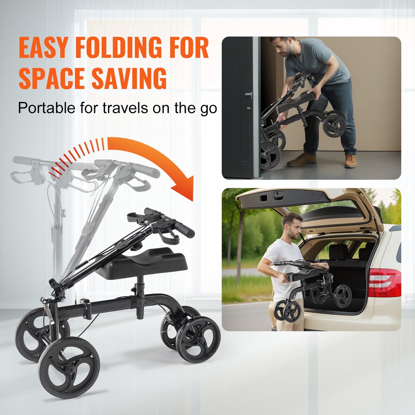 Folding Knee Scooter, Carbon Steel Steerable Knee Walker with Height-Adjustable Handlebar & Knee Pad, All-Terrain Solid Wheels, Dual Brakes, Leg Recovery Scooter for Broken Ankle Foot Injuries