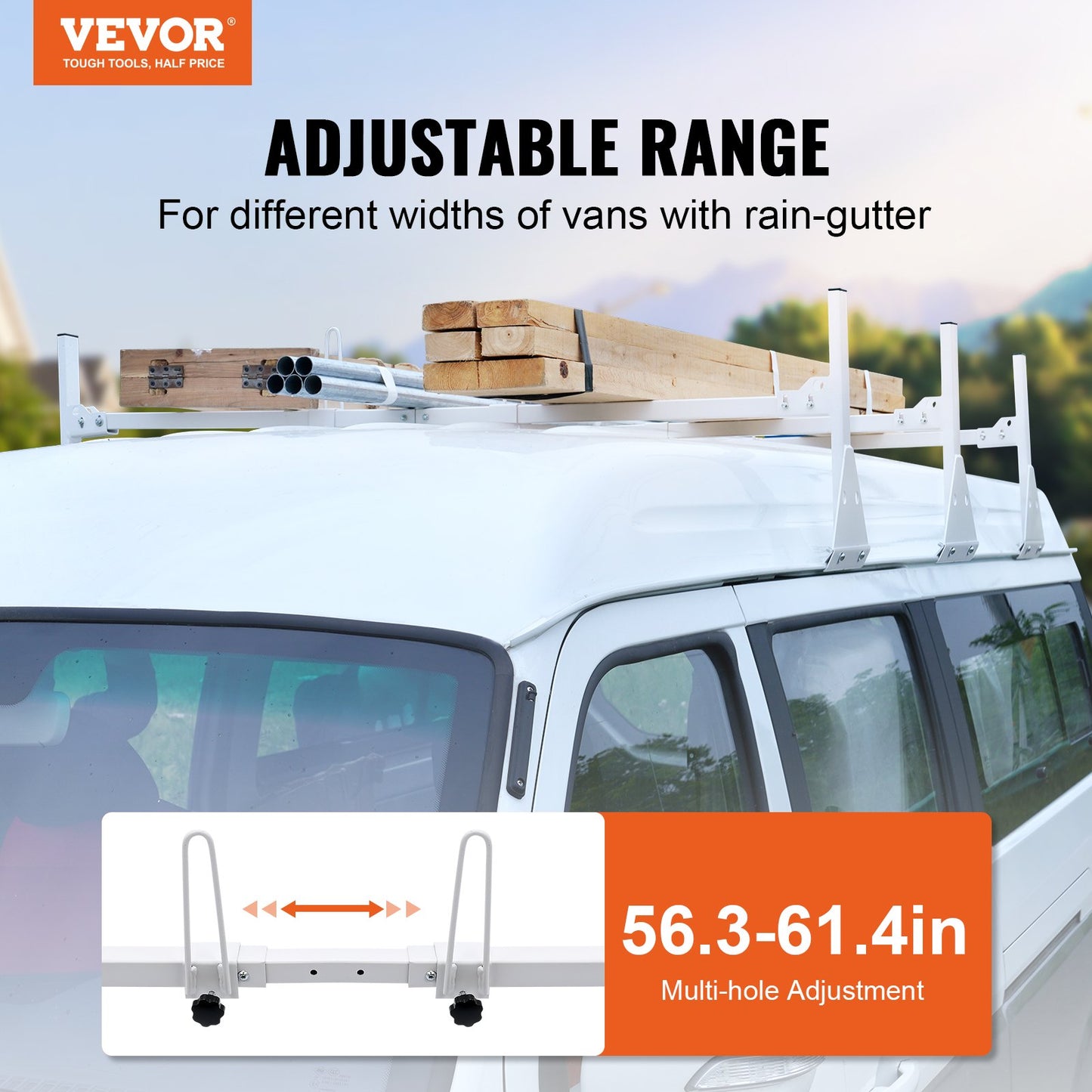 3-Bar Van Roof Ladder Rack Adjustable 56.3"-61.4" for Full-Size Vans