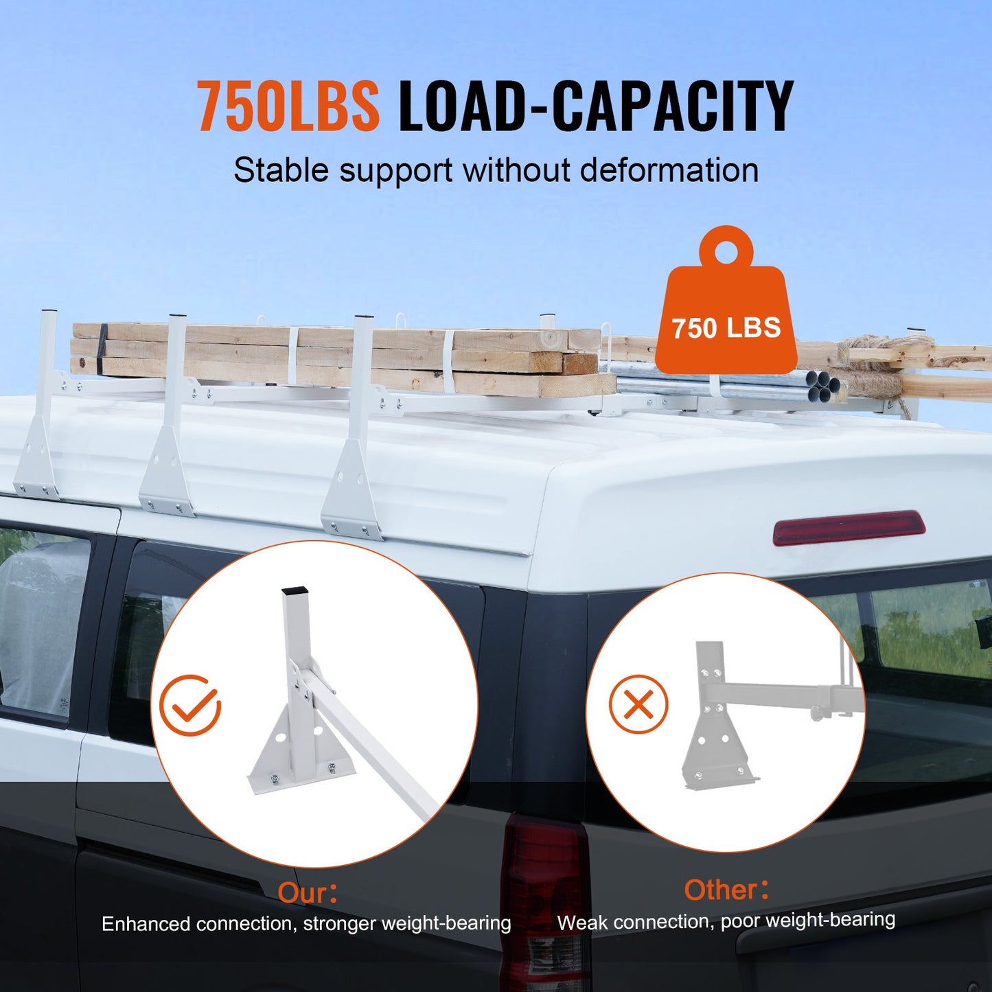 3-Bar Van Roof Ladder Rack Adjustable 56.3"-61.4" for Full-Size Vans