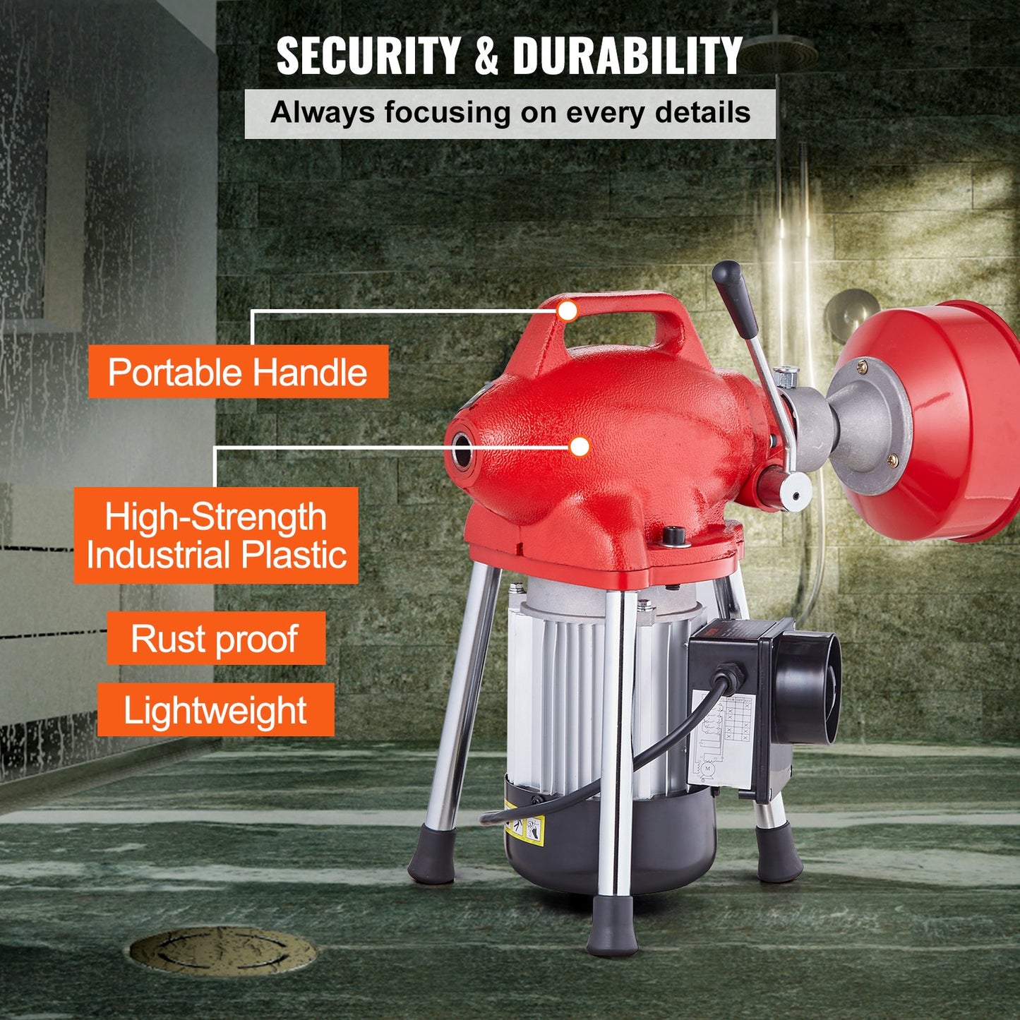 Drain Cleaner Machine 66FT x 5/8In 250W Sectional Snake Auger Manual Feed