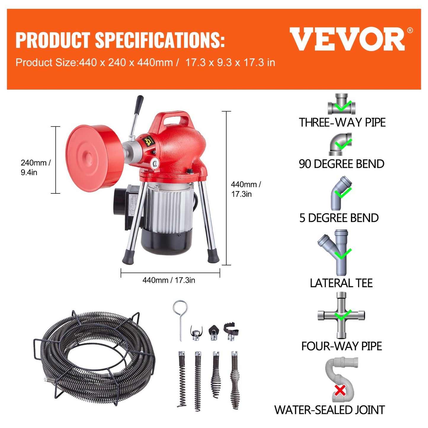 Drain Cleaner Machine 66FT x 5/8In 250W Sectional Snake Auger Manual Feed