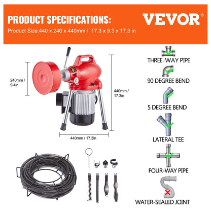 Drain Cleaner Machine 66FT x 5/8In 250W Sectional Snake Auger Manual Feed