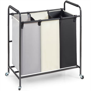 3-Section Laundry Basket, Heavy Duty Laundry Hamper Storage Organizer, Laundry Sorter Cart with Heavy Duty Lockable Wheels for Dirty Clothes in Laundry Room Bedroom