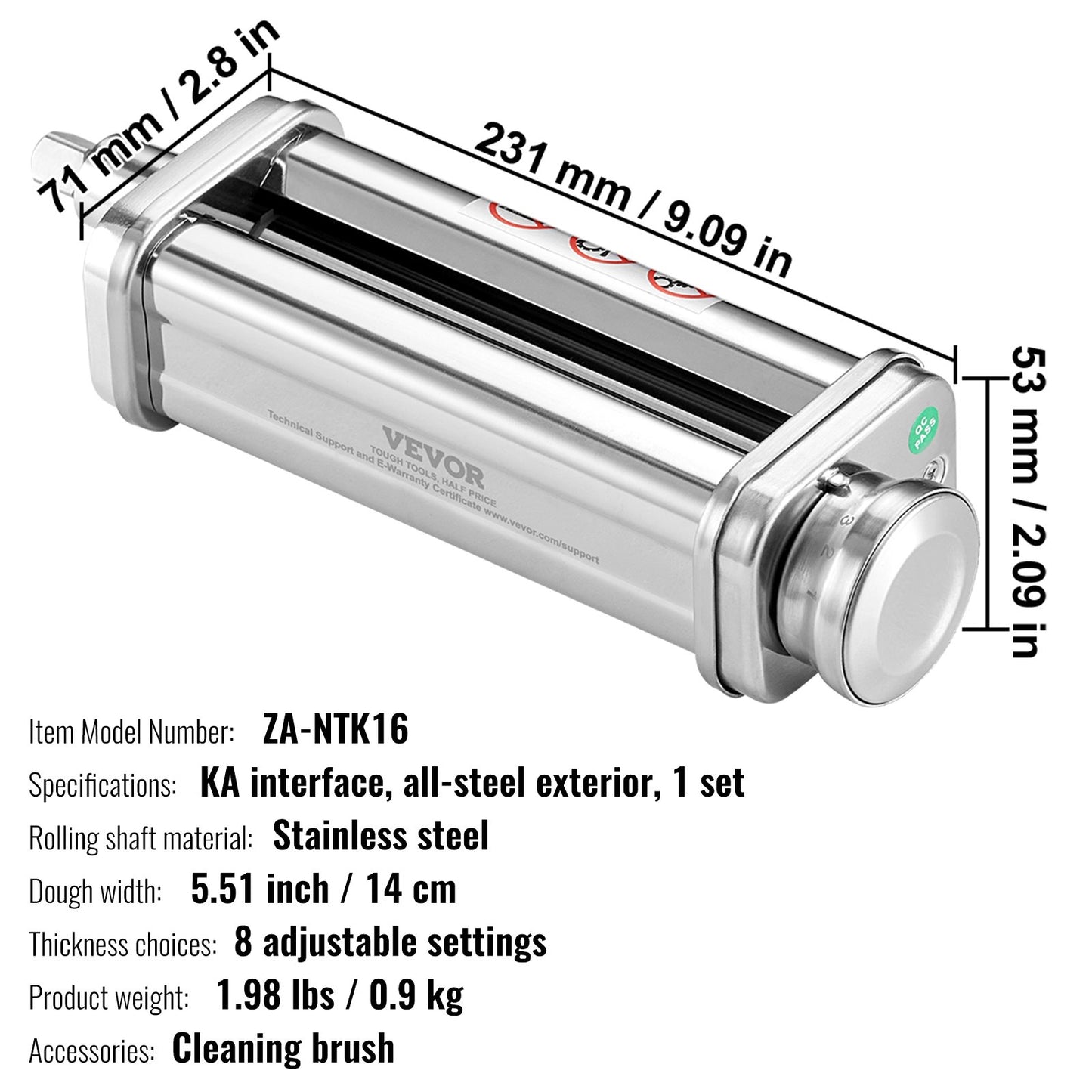Pasta Attachment for KitchenAid Stand Mixer, Stainless Steel Pasta Sheet Roller Attachment, Pasta Maker Machine Accessory with 8 Adjustable Thickness Knob, KitchenAid Pasta Attachment by VEVOR