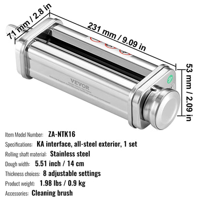 Pasta Attachment for KitchenAid Stand Mixer, Stainless Steel Pasta Sheet Roller Attachment, Pasta Maker Machine Accessory with 8 Adjustable Thickness Knob, KitchenAid Pasta Attachment by VEVOR