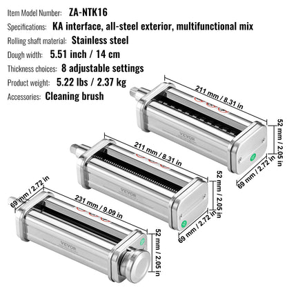 3Pcs Pasta Attachment for KitchenAid Stand Mixer Pasta Roller Cutter Set
