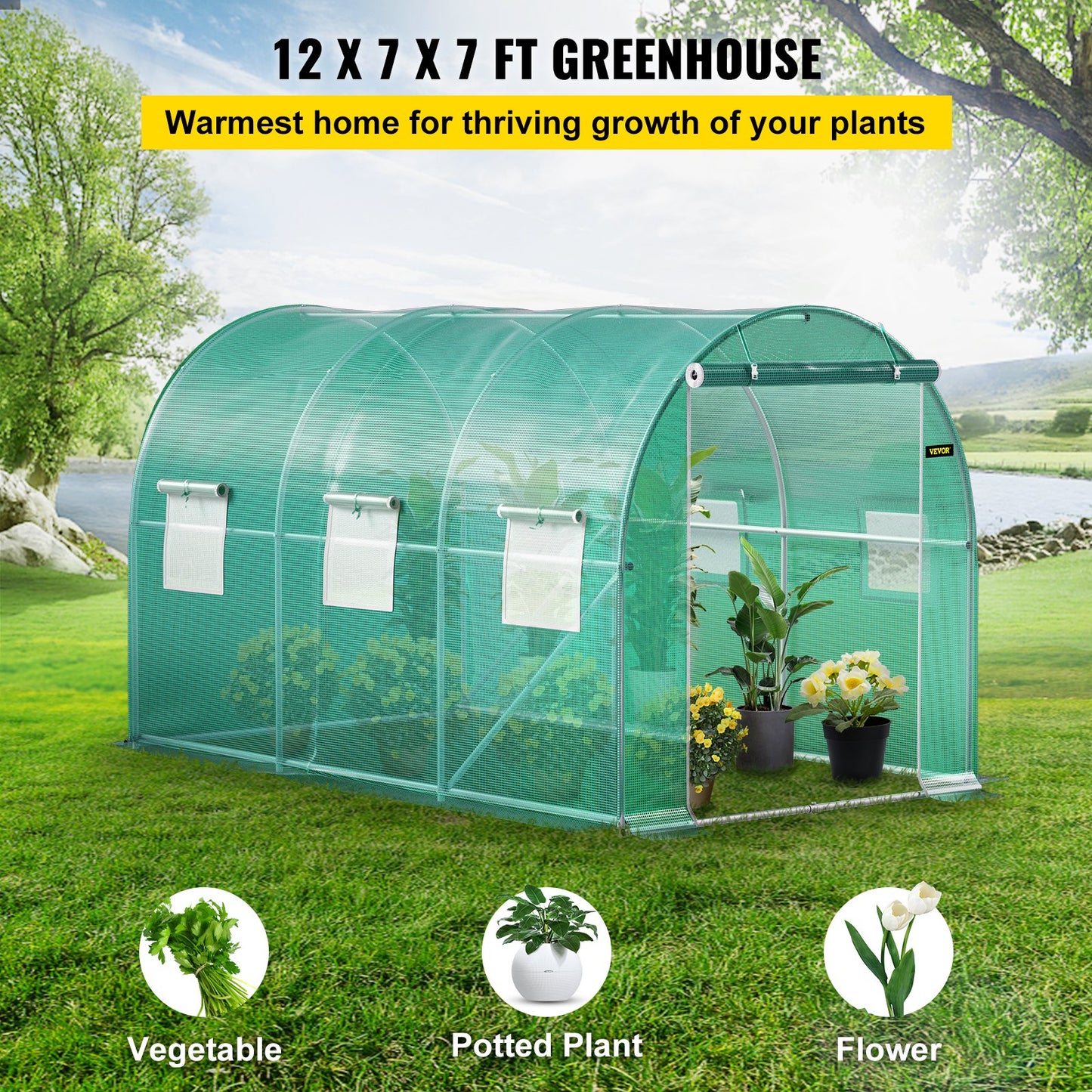Walk-in Tunnel Greenhouse Galvanized Frame & Waterproof Cover 12x7x7 ft