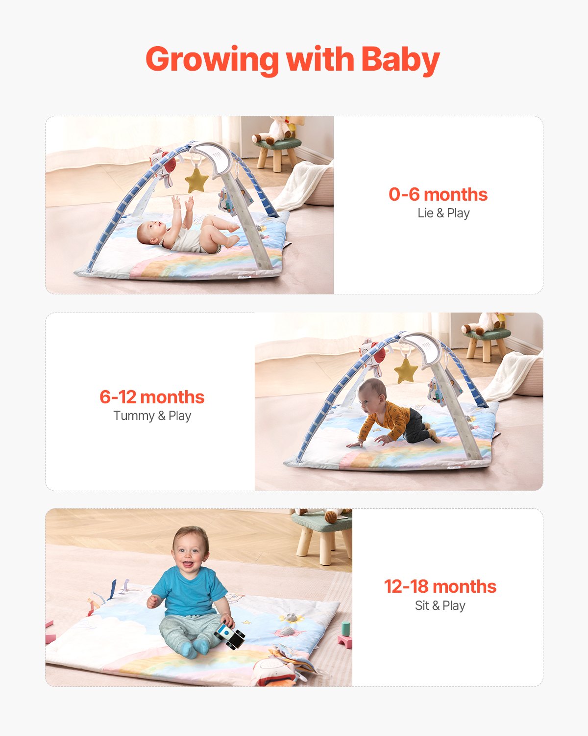 Baby Play Gym Mat, Tummy Time Mat with 6 Sensory Toys, Baby Activity Mat with Light-up Musical Rocket Toy for 0-18 Month Newborn Infant, Baby Essential Gift for Sensory & Motor Skill Development
