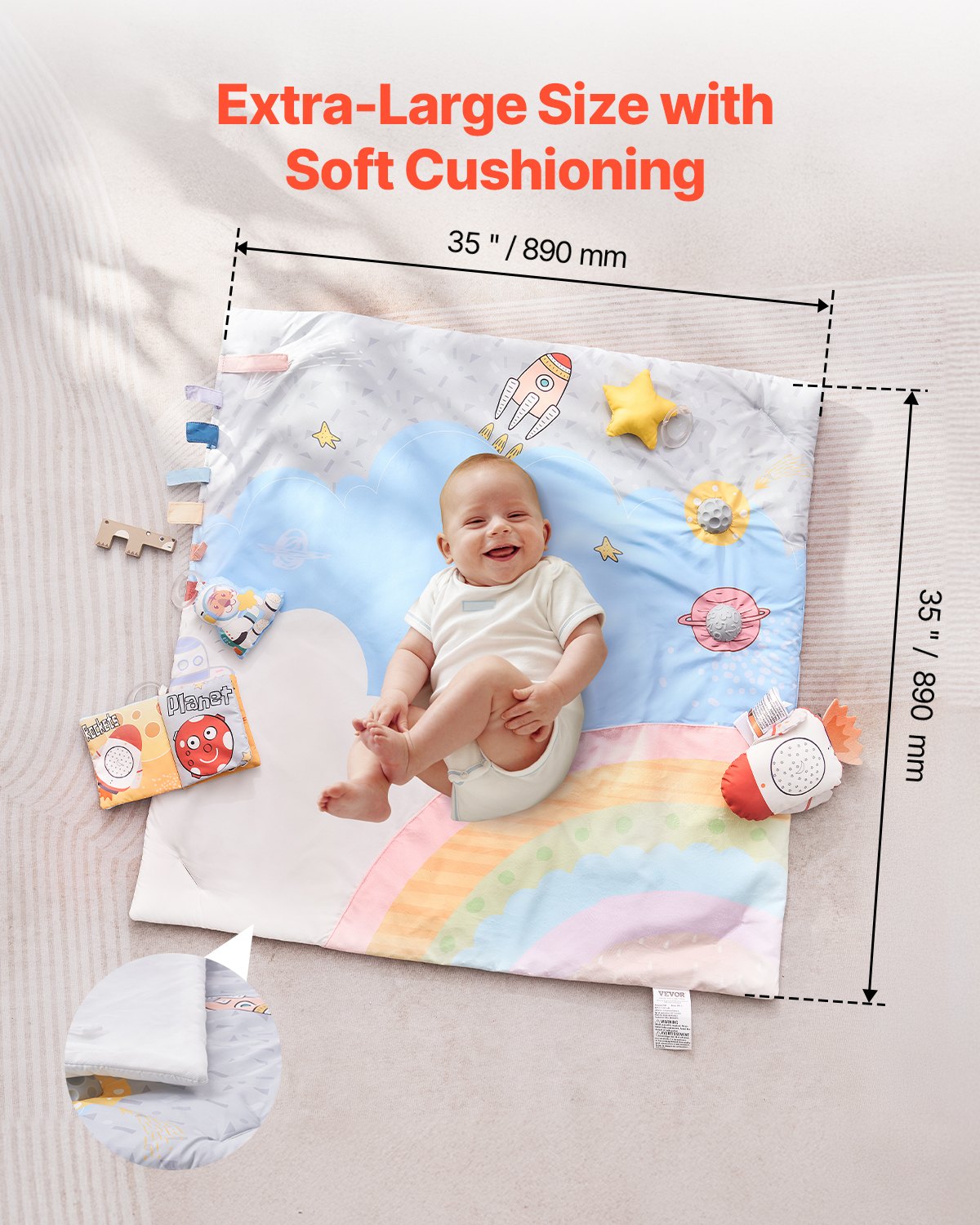 Baby Play Gym Mat, Tummy Time Mat with 6 Sensory Toys, Baby Activity Mat with Light-up Musical Rocket Toy for 0-18 Month Newborn Infant, Baby Essential Gift for Sensory & Motor Skill Development