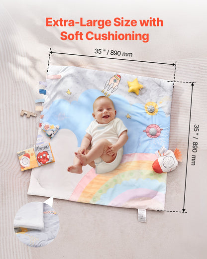 Baby Play Gym Mat, Tummy Time Mat with 6 Sensory Toys, Baby Activity Mat with Light-up Musical Rocket Toy for 0-18 Month Newborn Infant, Baby Essential Gift for Sensory & Motor Skill Development