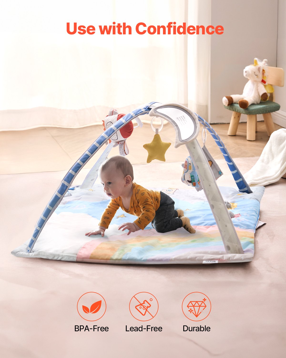 Baby Play Gym Mat, Tummy Time Mat with 6 Sensory Toys, Baby Activity Mat with Light-up Musical Rocket Toy for 0-18 Month Newborn Infant, Baby Essential Gift for Sensory & Motor Skill Development
