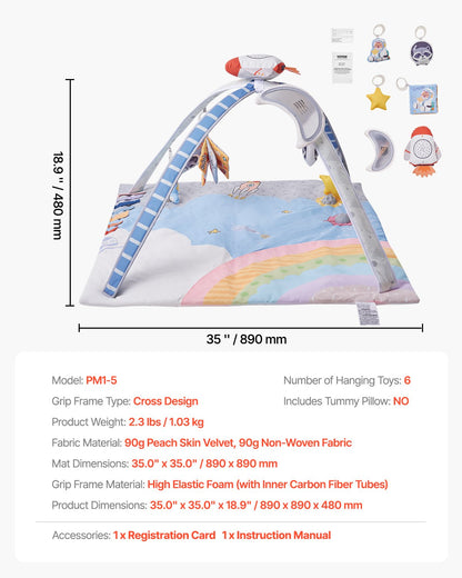 Baby Play Gym Mat, Tummy Time Mat with 6 Sensory Toys, Baby Activity Mat with Light-up Musical Rocket Toy for 0-18 Month Newborn Infant, Baby Essential Gift for Sensory & Motor Skill Development