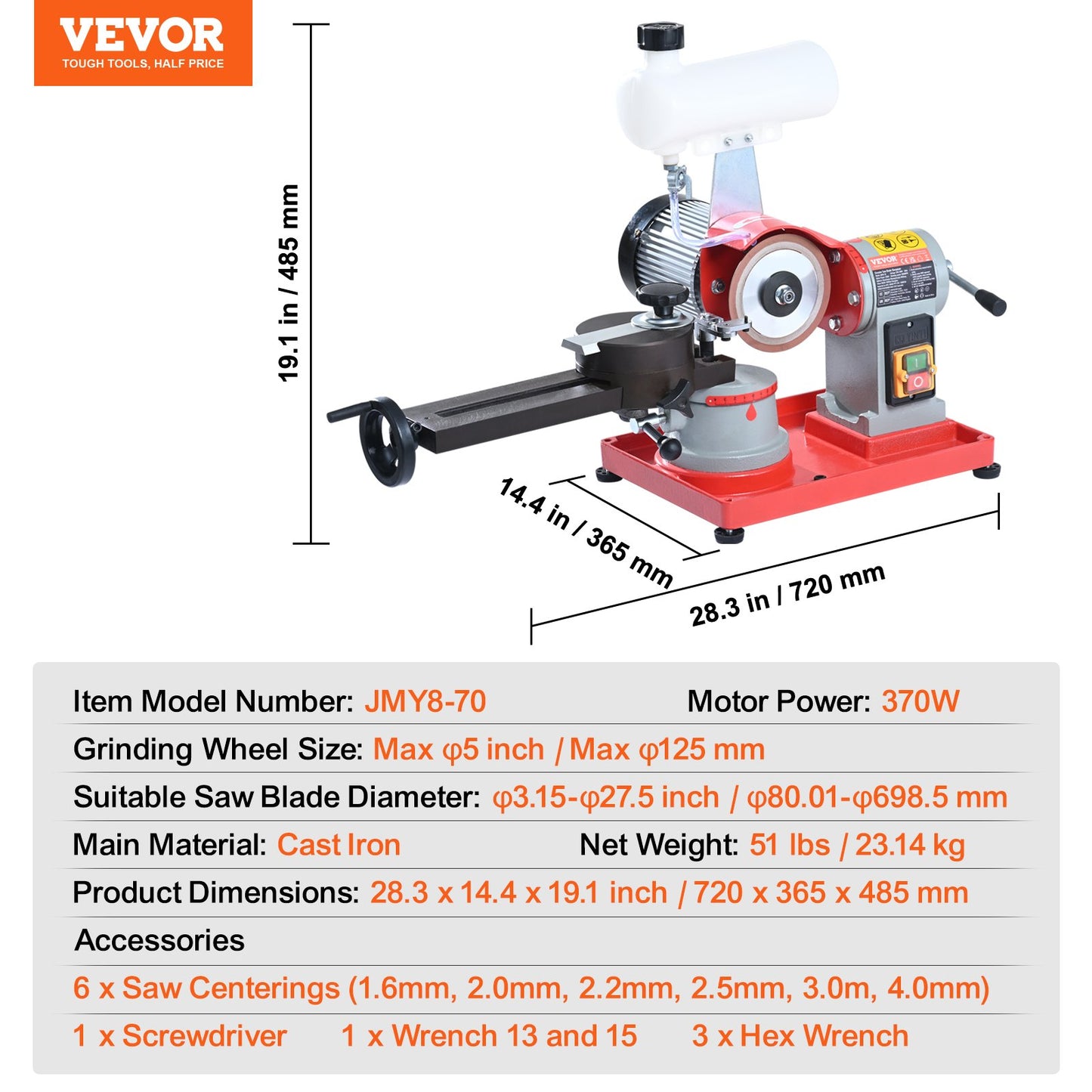 Circular Saw Blade Sharpener, 370W Saw Blade Grinding with Water Injection, Water Injection Circular Saw Blade Sharpening & 6 Saw Centerings, 5-inch Grinding Wheel for Carbide Tipped Saw Blades