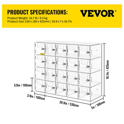 Acrylic Cell Phone Locker Box Storage Cabinet Pocket w/Keys 20 Slots Clear