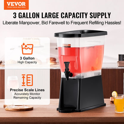 Beverage Dispenser, 3 Gallon Drink Dispenser for Parties, Plastic Juice Dispenser with Stand Spigot Lid, Iced Tea Lemonade Juice Water Dispenser, for Restaurants, Hotels, Parties