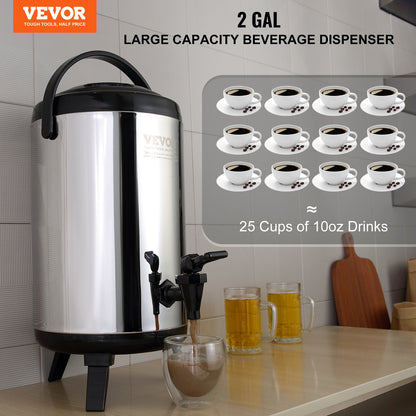 VEVOR Stainless Steel Insulated Beverage Dispenser, 7.6 Liter, Thermal Hot and Cold Drink Server Dispenser with Spigot Handle, Food - grade for Hot Tea Coffee Water Restaurant Drink Shop - Factory Direct Shop