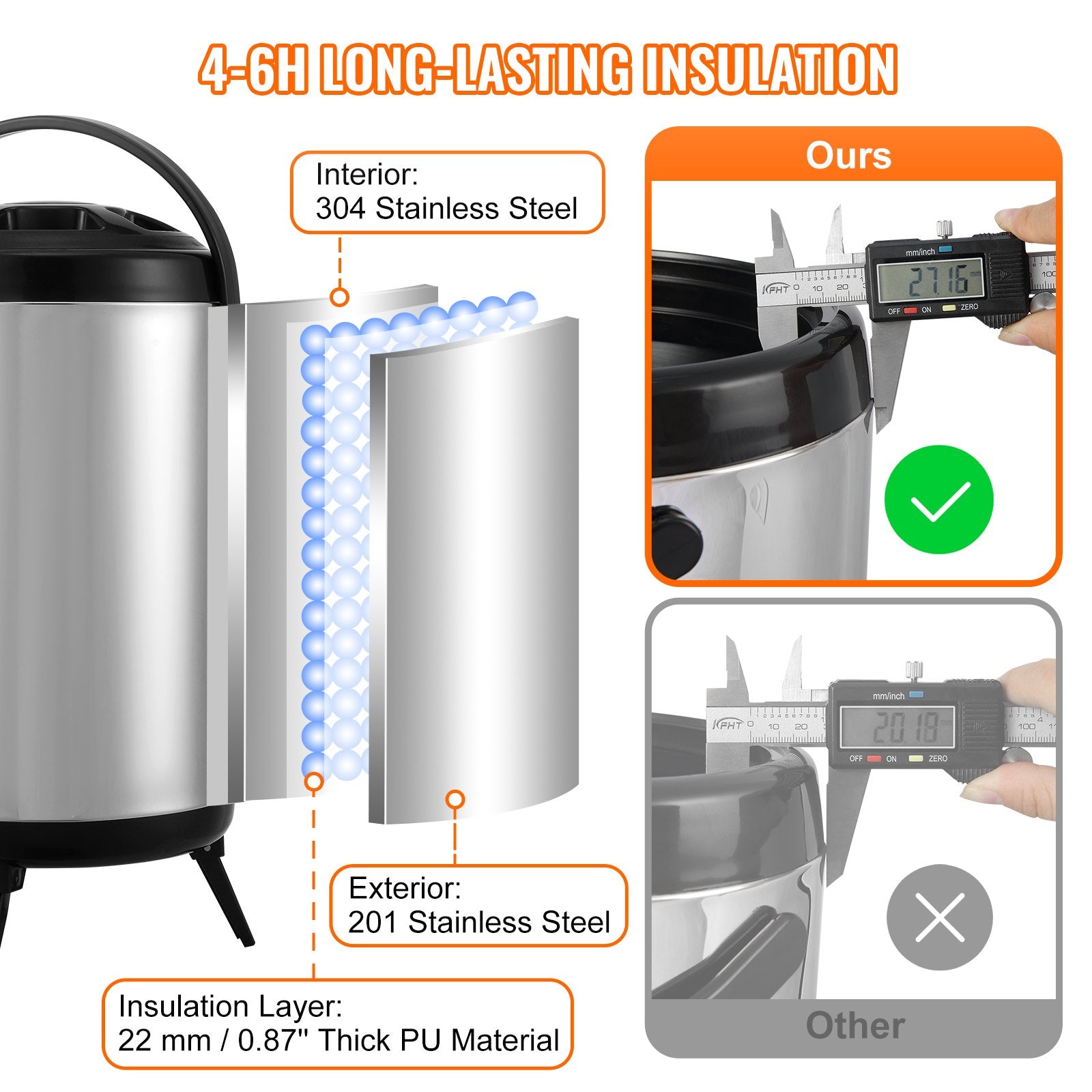 VEVOR Stainless Steel Insulated Beverage Dispenser, 7.6 Liter, Thermal Hot and Cold Drink Server Dispenser with Spigot Handle, Food - grade for Hot Tea Coffee Water Restaurant Drink Shop - Factory Direct Shop
