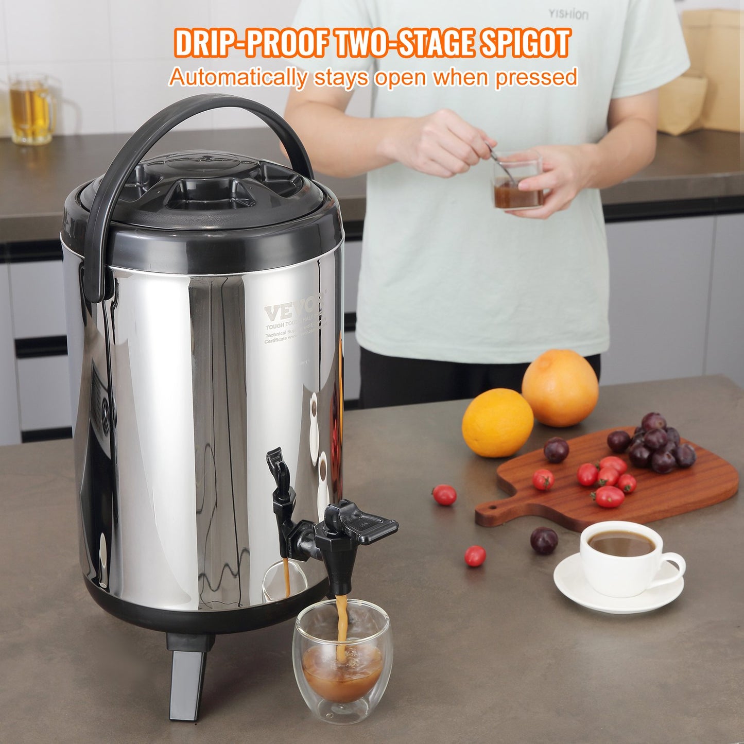 VEVOR Stainless Steel Insulated Beverage Dispenser, 7.6 Liter, Thermal Hot and Cold Drink Server Dispenser with Spigot Handle, Food - grade for Hot Tea Coffee Water Restaurant Drink Shop - Factory Direct Shop
