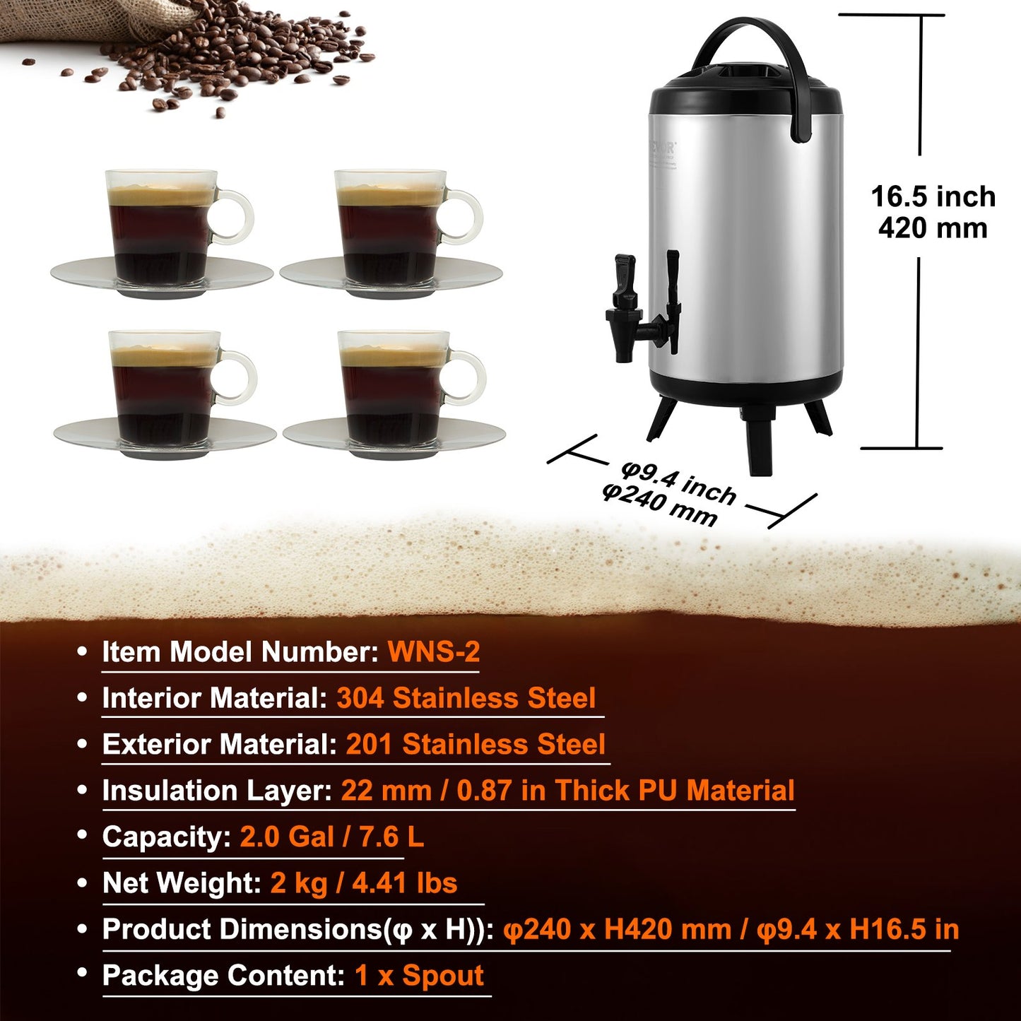 VEVOR Stainless Steel Insulated Beverage Dispenser, 7.6 Liter, Thermal Hot and Cold Drink Server Dispenser with Spigot Handle, Food - grade for Hot Tea Coffee Water Restaurant Drink Shop - Factory Direct Shop
