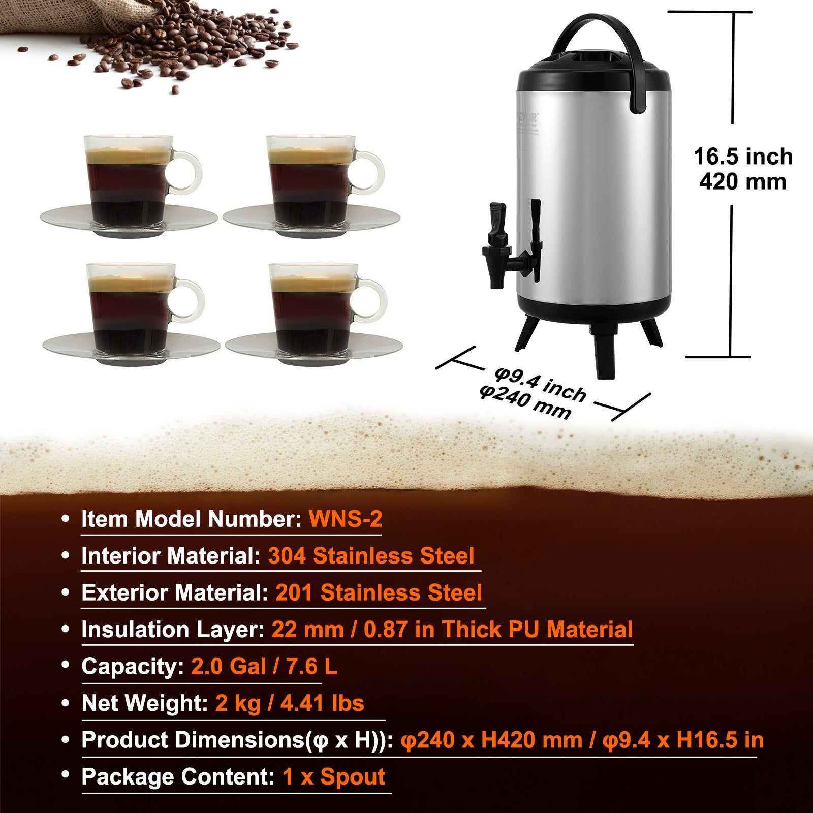 VEVOR Stainless Steel Insulated Beverage Dispenser, 7.6 Liter, Thermal Hot and Cold Drink Server Dispenser with Spigot Handle, Food - grade for Hot Tea Coffee Water Restaurant Drink Shop - Factory Direct Shop